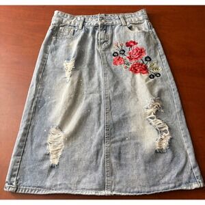 Fubu Jeans Collection Floral Embroidered Distressed Denim Midi Skirt Light Wash